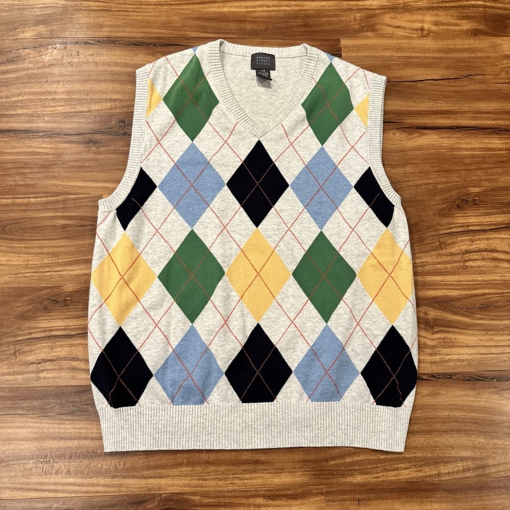 Mercer Street Studio Sweater Vest Womens Large Argyle V Neck Knit Multicolor - Picture 1 of 6